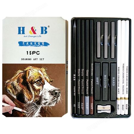 H&B15件绘画素描炭笔套装批发 现货美术用品 白炭笔高光粉画笔铅笔